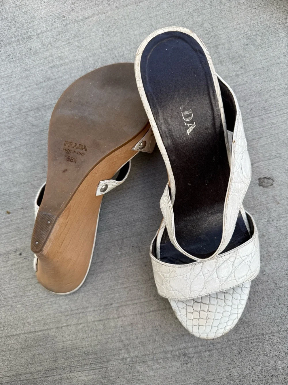 Prada White Croc-Embossed Wedge Slide Sandals